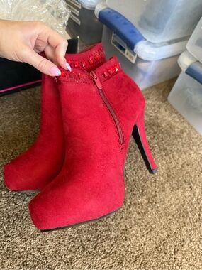 Red Suede High-Heel Ankle Booties with Crystal Collar